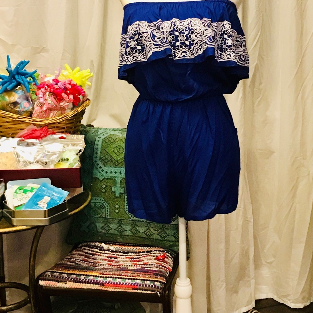 Blue and white embroidered romper